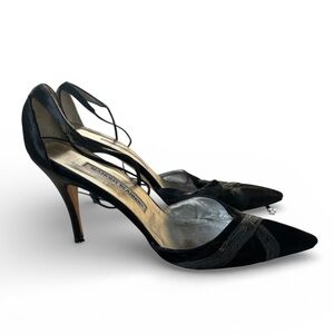 MANOLO BLAHNIK Black Satin Strappy D'Orsay Heels Size 38.5 (US 8.5)